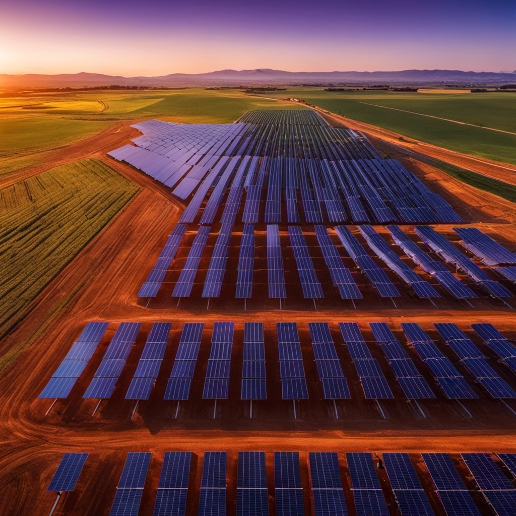 A vivid image showcasing a solar farm at dusk, with rows of photovoltaic panels stretching towards the horizon, casting long shadows as the sun sets