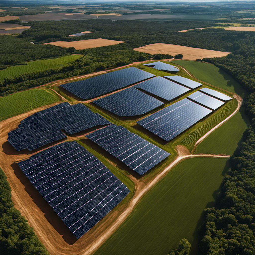 An image showcasing a futuristic solar farm with sleek, high-tech panels seamlessly blending into the landscape