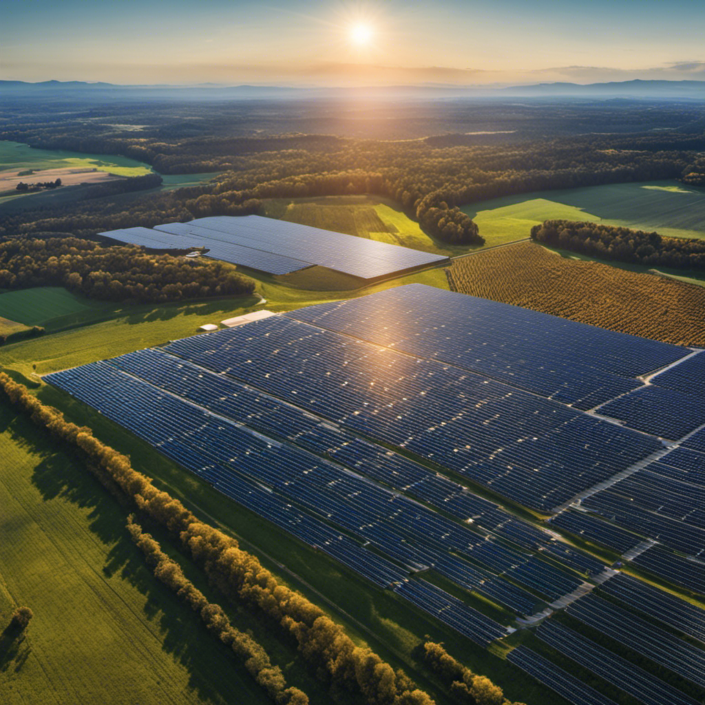 An image showcasing a vast solar farm filled with neatly aligned rows of solar panels, glistening under the bright sun