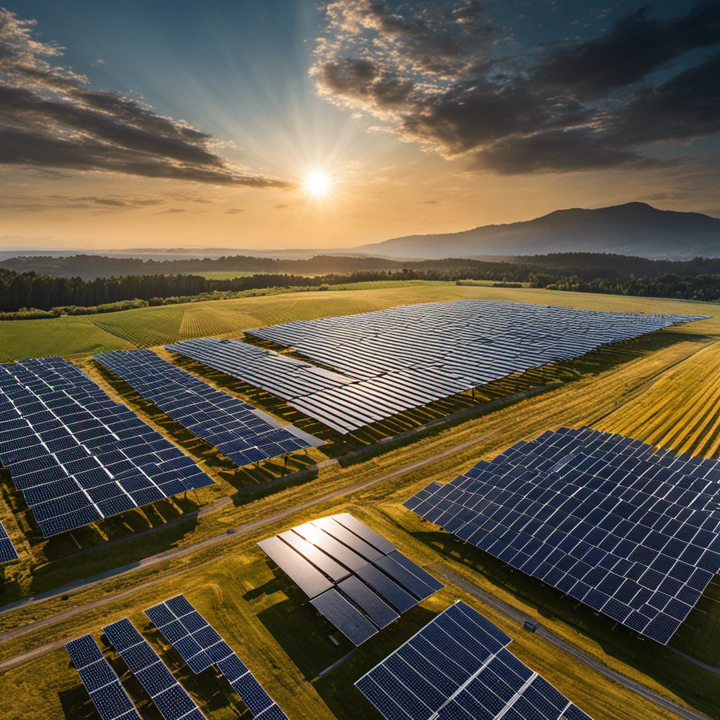 An image showcasing a vast solar farm, with rows of gleaming solar panels stretching towards the horizon
