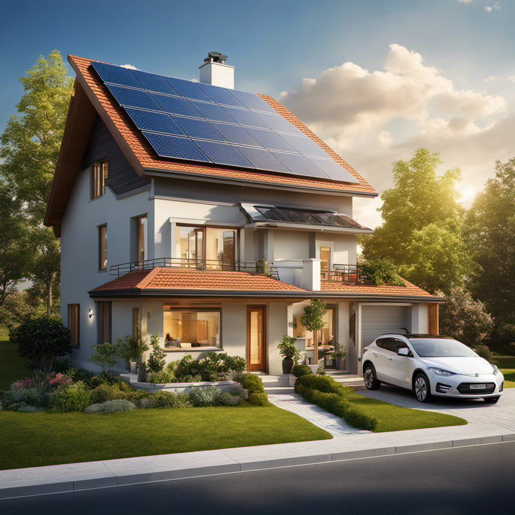 An image showcasing a sunny suburban house with solar panels on the roof, surrounded by an electric meter, displaying both energy consumed and excess energy generated, highlighting the concept of net metering