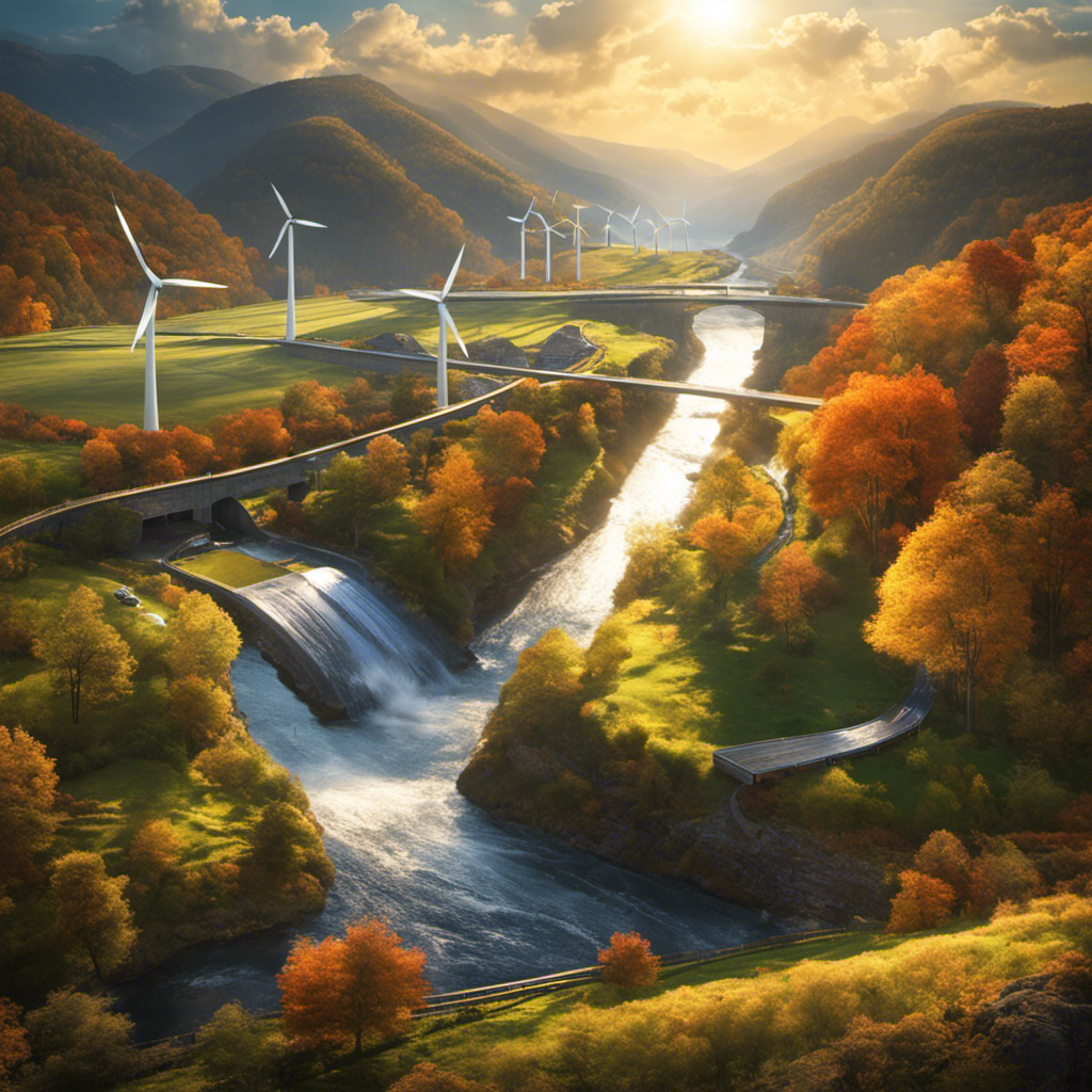 An image that showcases a sunlit landscape with solar panels, wind turbines gracefully spinning in the distance, and a flowing river with a hydroelectric dam, symbolizing the harmonious coexistence of renewable energy sources