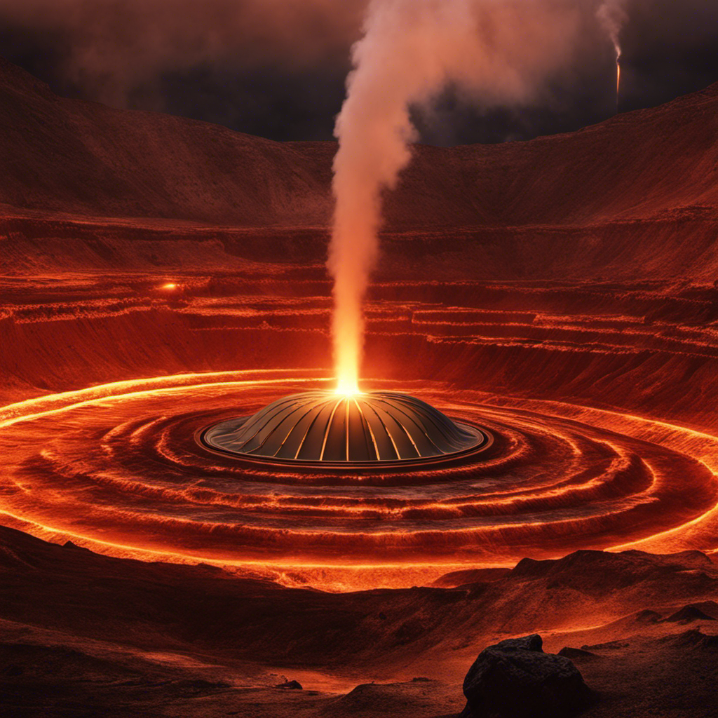 An image showcasing a vast underground network of geothermal wells, radiating intense heat