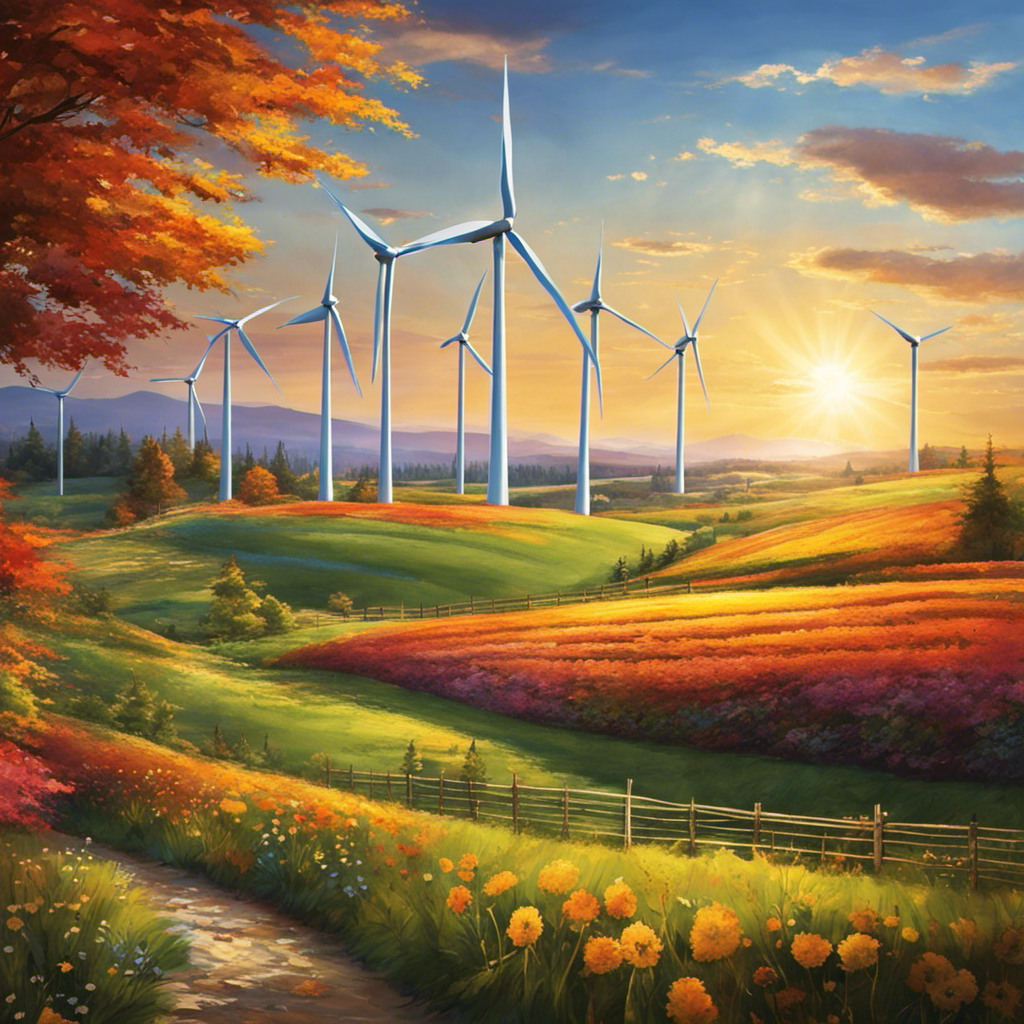 An image showcasing a vibrant landscape with a field of sleek wind turbines gracefully harnessing the limitless power of the wind, while nearby, solar panels gleam under the sun's radiant energy
