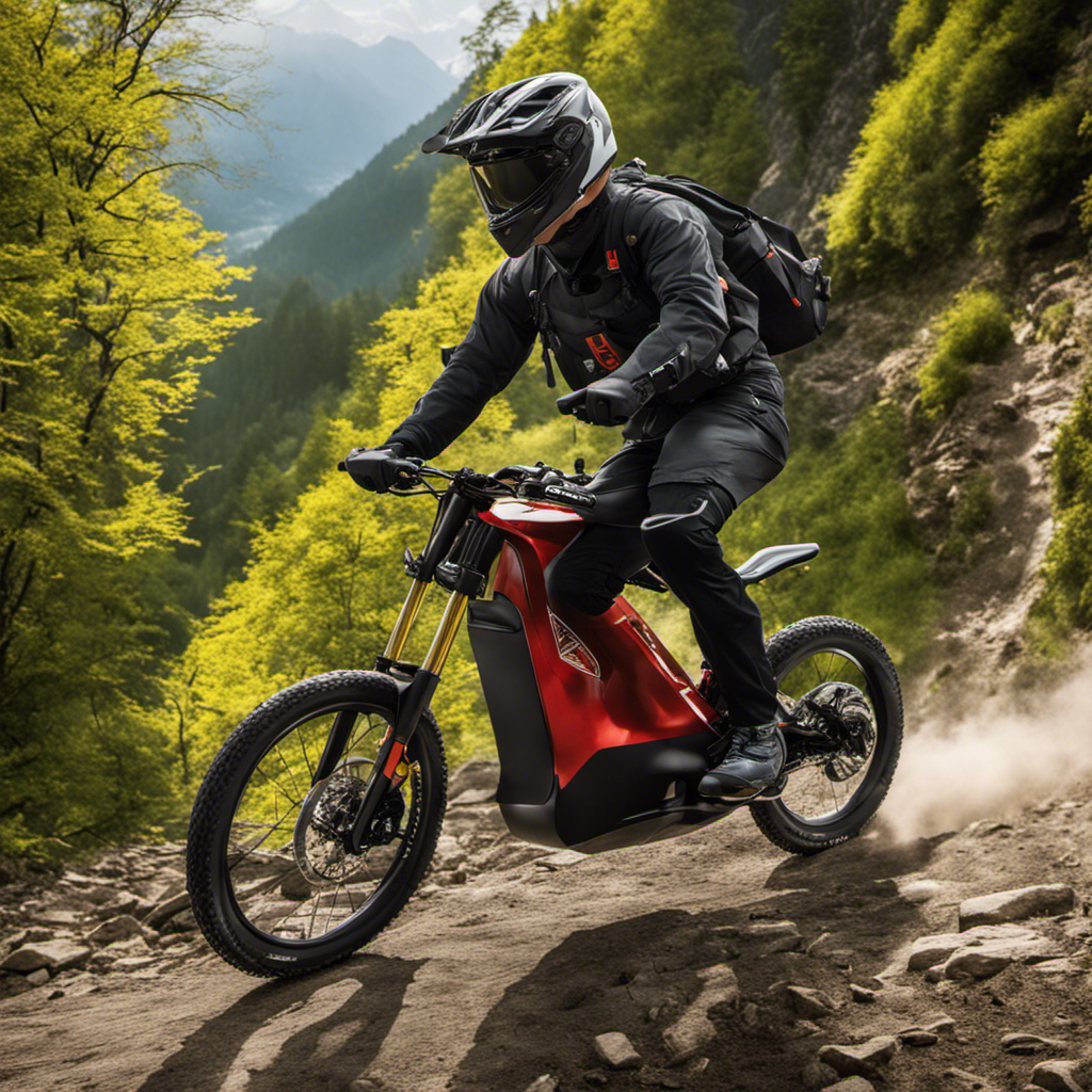 An image capturing the exhilarating moment of an electric bike ascending a steep mountain path, with its rider effortlessly conquering the challenging uphill terrain amidst breathtaking panoramic views of lush green valleys and towering peaks