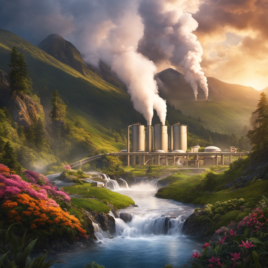 An image showcasing the immense potential of geothermal energy: a colossal geothermal power plant nestled within a lush valley, its towering chimneys billowing steam, while the surrounding landscape thrives with vibrant flora and fauna