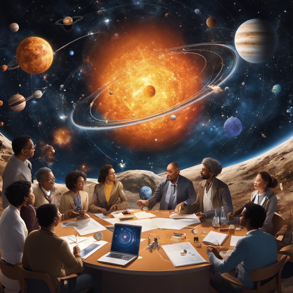 An image featuring a diverse group of scientists and researchers engaged in animated discussions, exchanging knowledge and insights, with a captivating backdrop of a solar system diagram and celestial objects