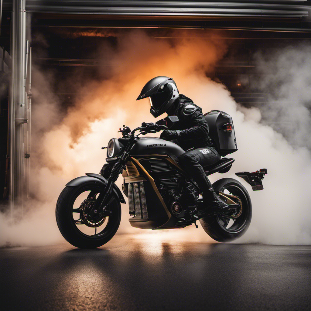 An image of a sleek electric motorcycle parked in a garage, surrounded by a cloud of thick smoke