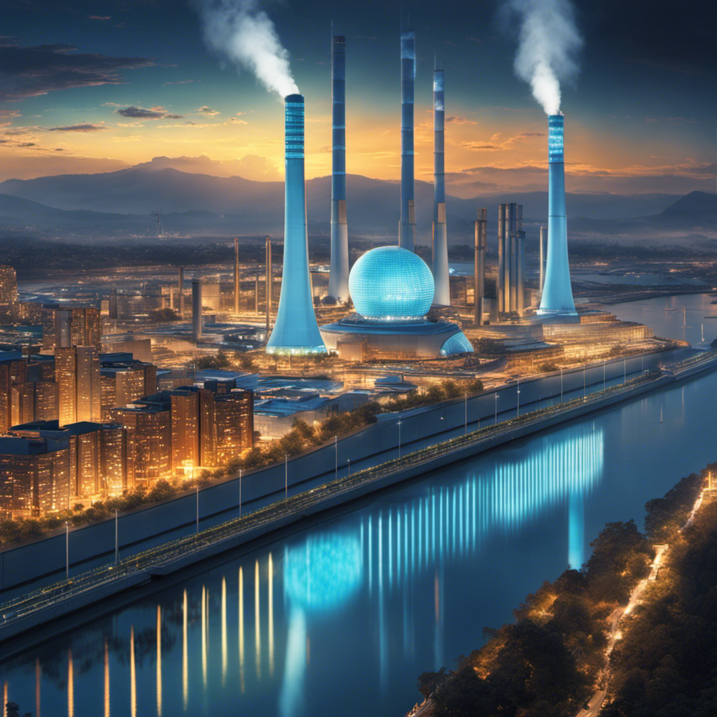 An image that showcases a futuristic cityscape illuminated by the soft blue glow of nuclear power plants, casting a shimmering reflection on a calm river, symbolizing the bright, sustainable future enabled by uranium