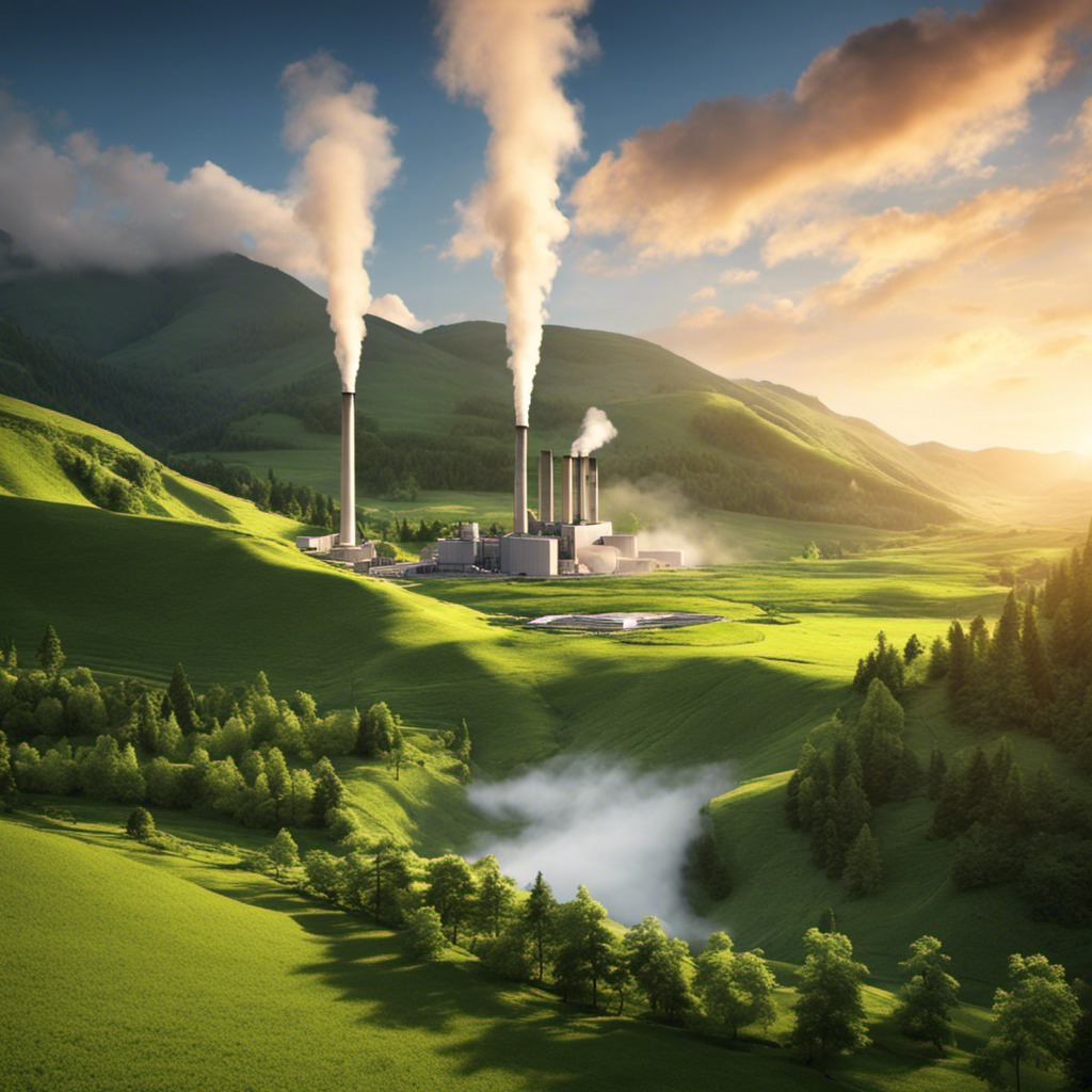 An image of a serene landscape with a modern geothermal power plant nestled amongst lush green mountains