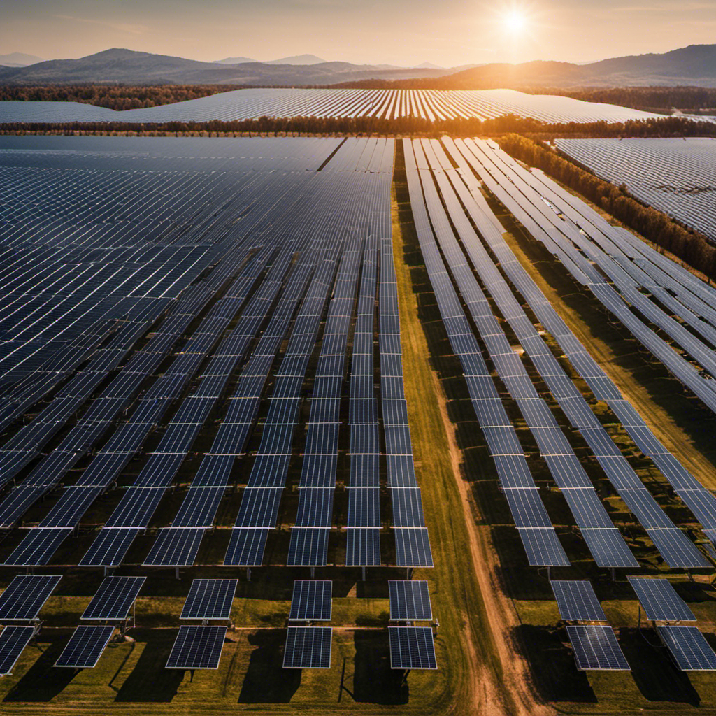 An image showcasing a bright, sunlit field filled with rows of sleek solar panels, efficiently harnessing sunlight