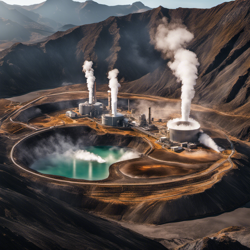 An image showcasing a geothermal power plant nestled within a volcanic landscape, with steam rising from deep wells, illustrating the interplay between geothermal heat sources, underground reservoirs, and turbine generators