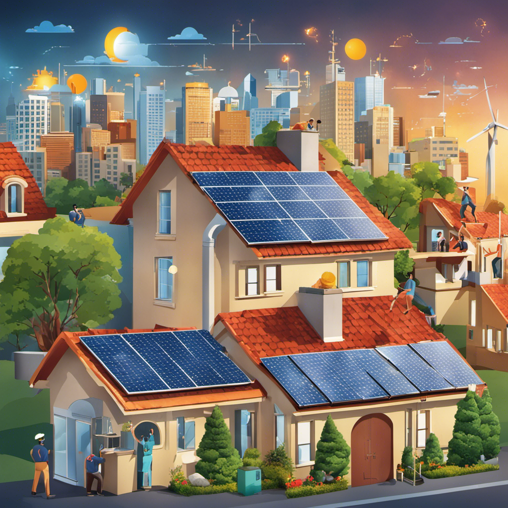An image showcasing a diverse group of people happily installing solar panels on their rooftops, with a background displaying various government logos, symbolizing the 10 advantages of solar energy through government incentives and tax credits