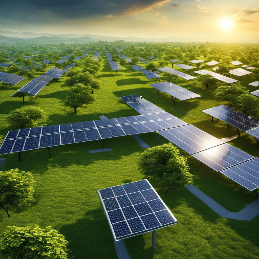 An image showcasing a lush green landscape with solar panels seamlessly integrated into rooftops, providing a clean and renewable source of energy