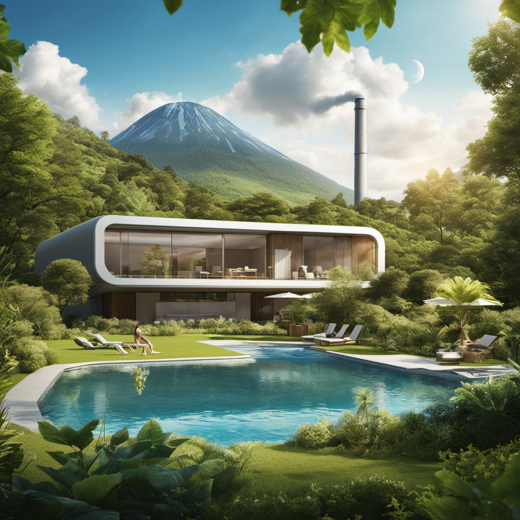 An image showcasing a serene landscape with a geothermal power plant in the background, emitting clean energy