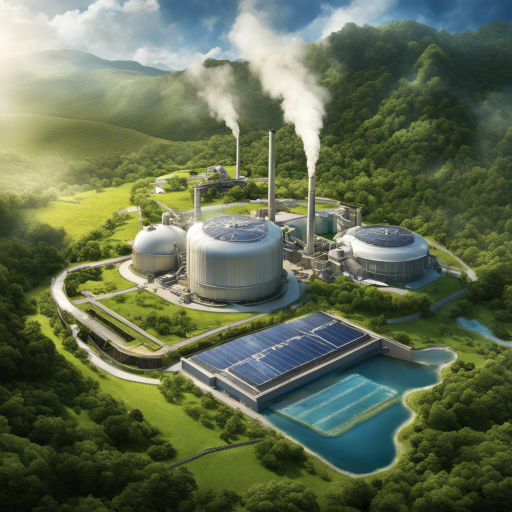 An image showcasing a geothermal power plant nestled in a lush valley, with towering steam rising from the ground