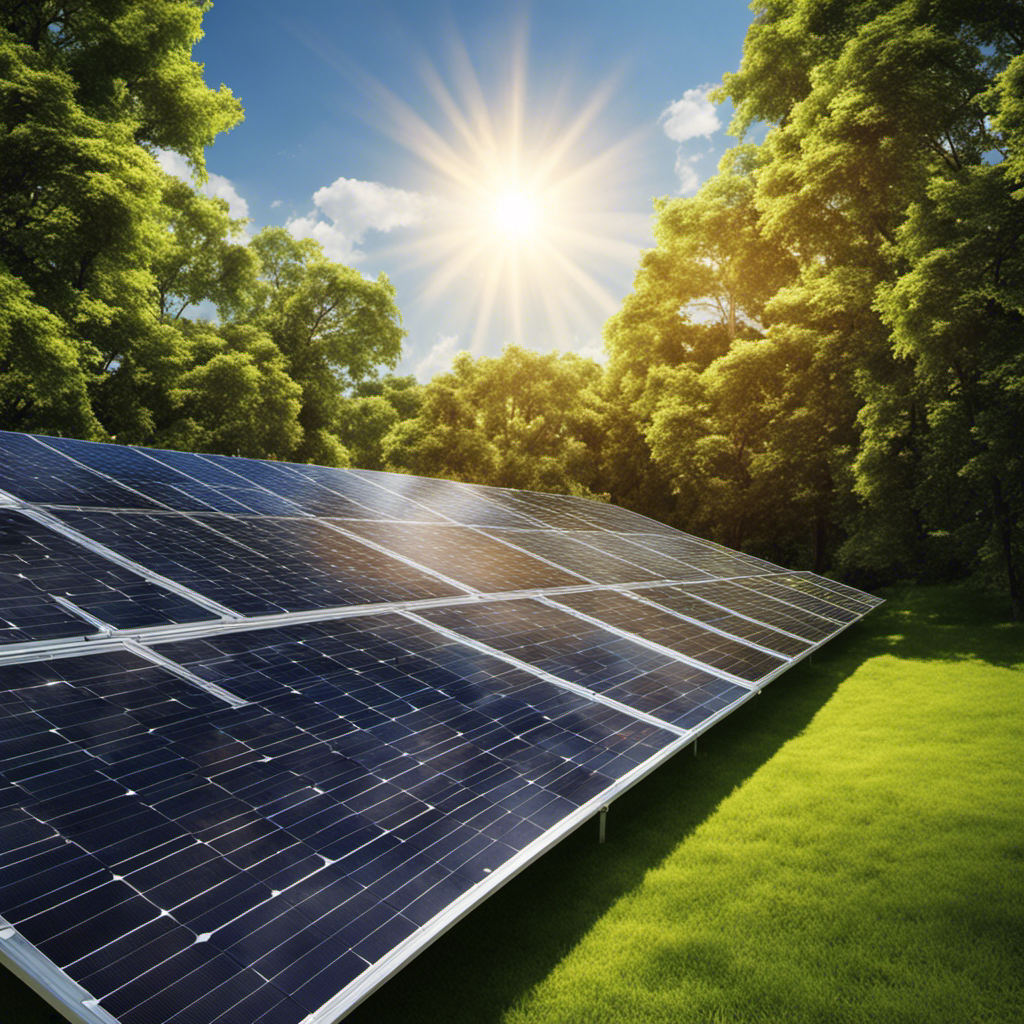 An image showcasing a solar panel array on a rooftop, surrounded by greenery, with vibrant rays of sunlight hitting the panels