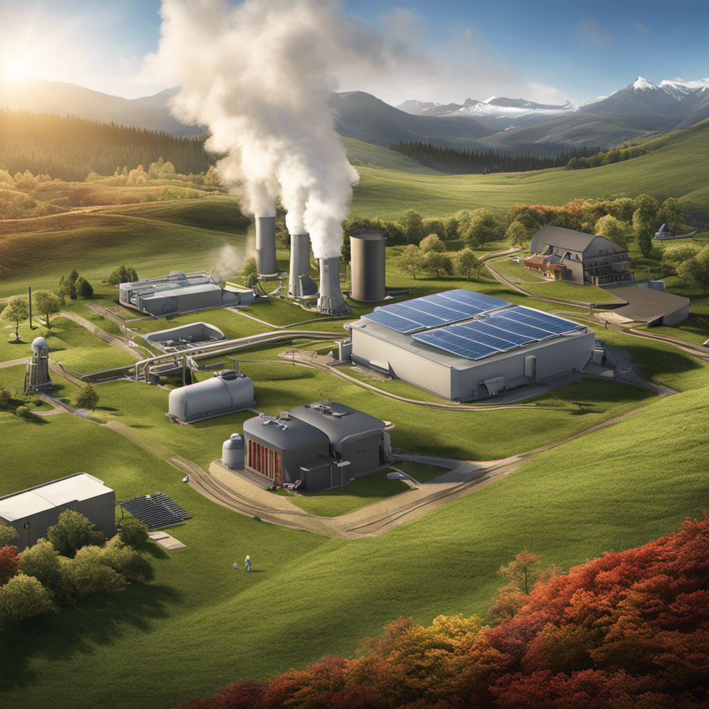 An image that showcases the diverse applications of geothermal energy, featuring an underground geothermal power plant harnessing the Earth's natural heat, heating and cooling systems for buildings, geothermal spas, and agricultural uses
