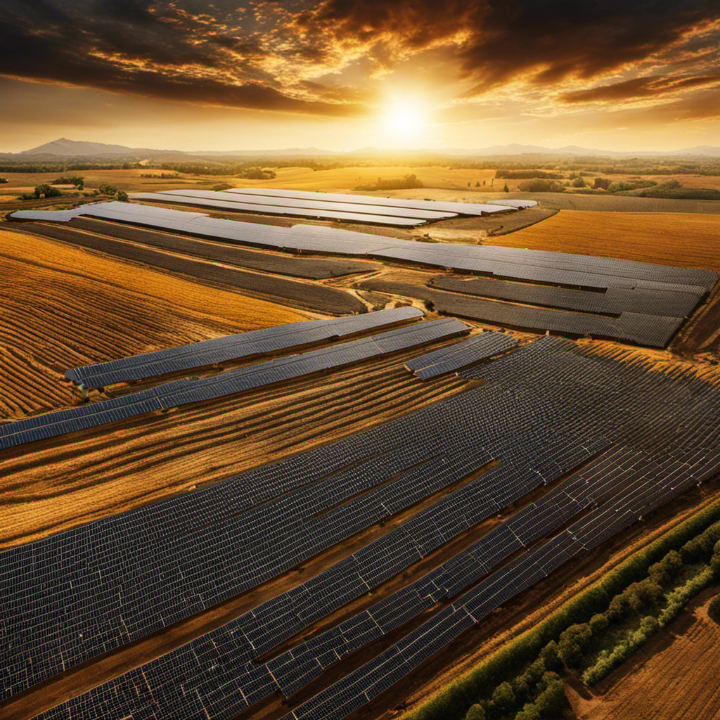 An image depicting a vast solar energy farm surrounded by rows of dead and withered crops, illustrating the negative impact of solar energy on agriculture and the environment