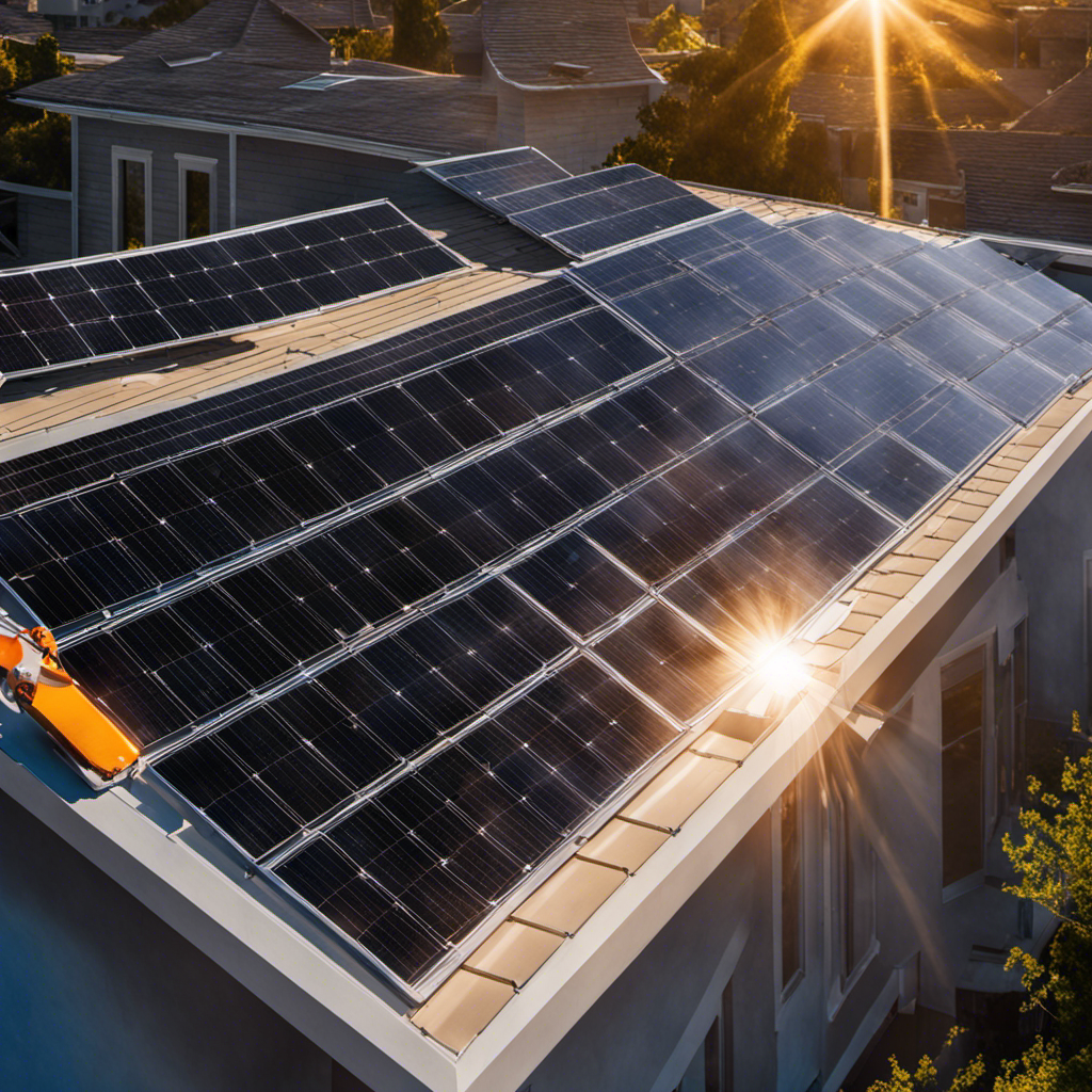 An image depicting a vibrant solar panel installation on a residential rooftop, with rays of sunlight casting a warm glow