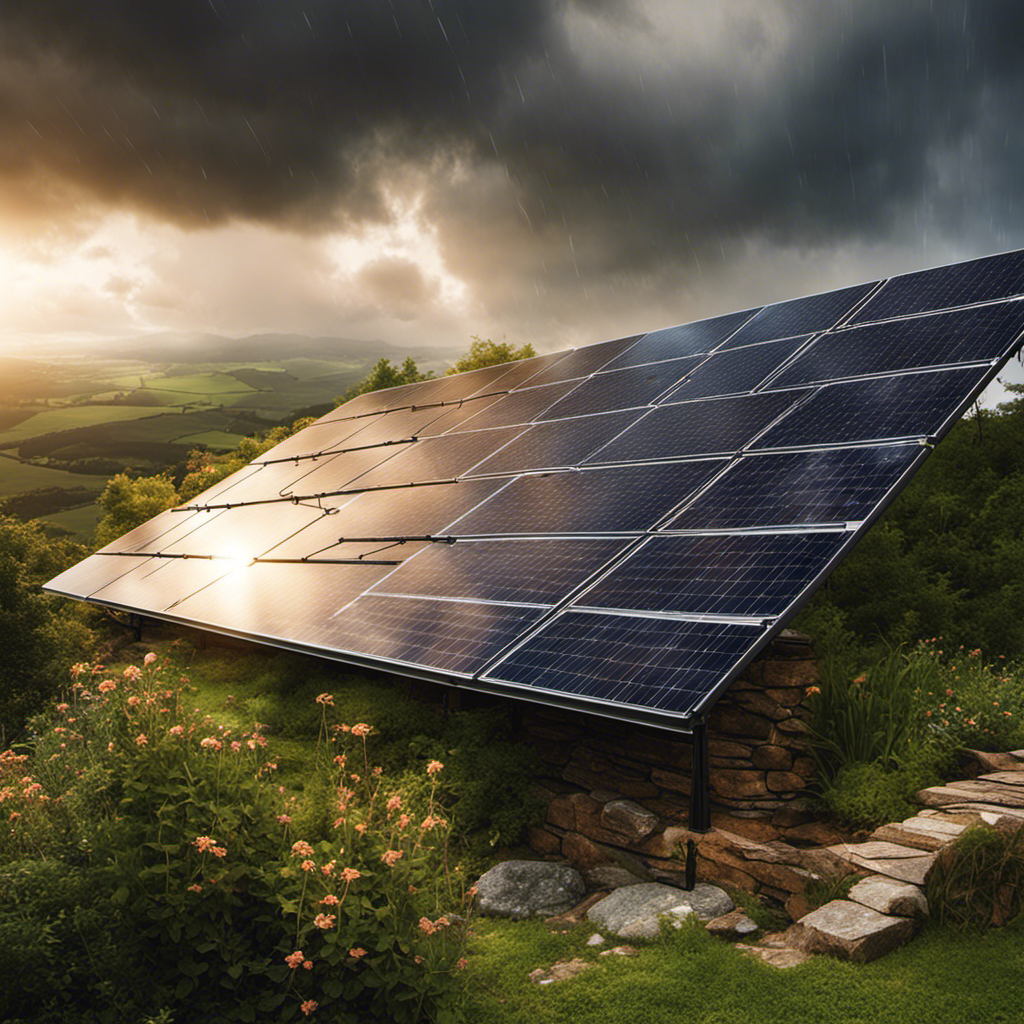 An image capturing a picturesque solar panel installation on a bright sunny day, contrasting with a gloomy, rain-soaked day, showcasing the contrasting advantages and disadvantages of solar energy's reliance on weather conditions