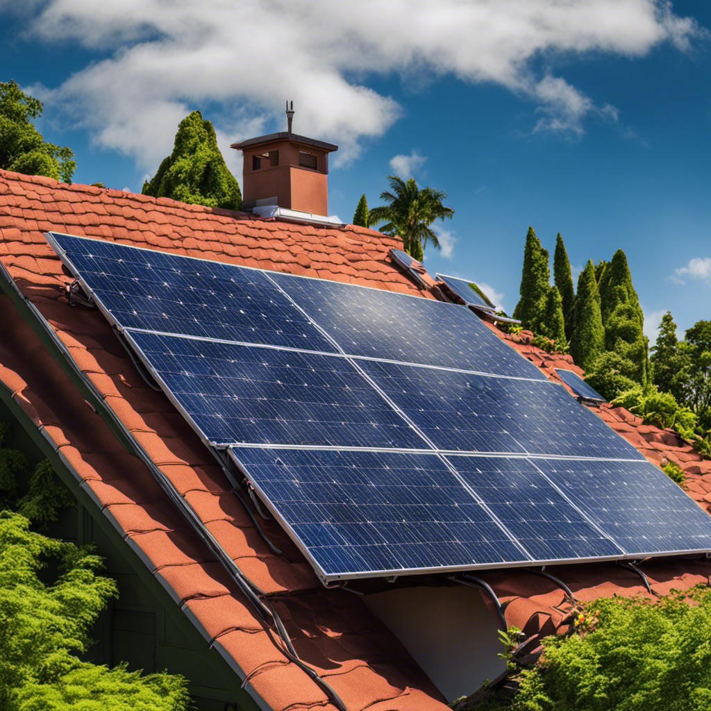 An image showcasing a solar panel installed on a rooftop, basking in sunlight, surrounded by lush greenery