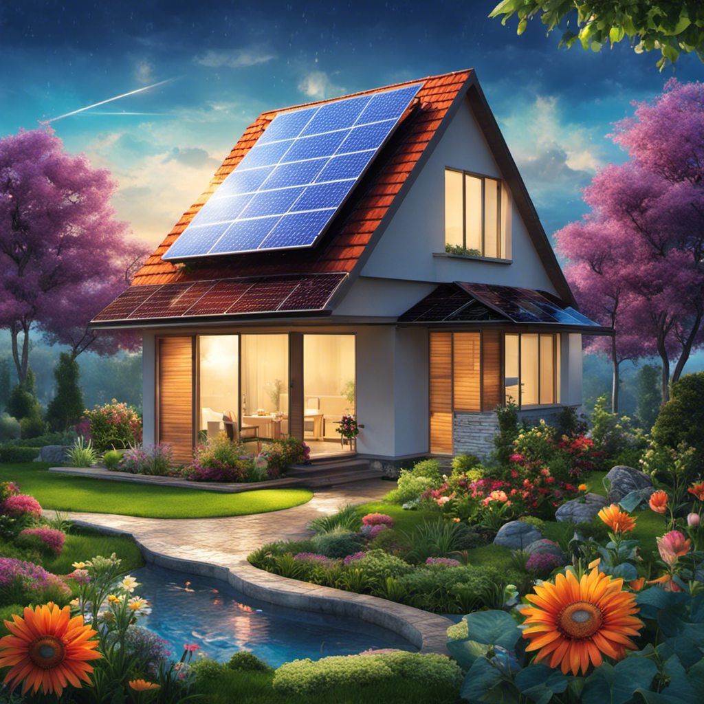 Ate an image of a house with solar panels on the roof, surrounded by a vibrant garden, showcasing the advantages of solar energy