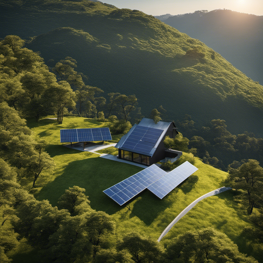An image capturing a serene landscape with solar panels seamlessly integrated into the environment, showcasing the reduced carbon footprint and minimal environmental impact of solar energy