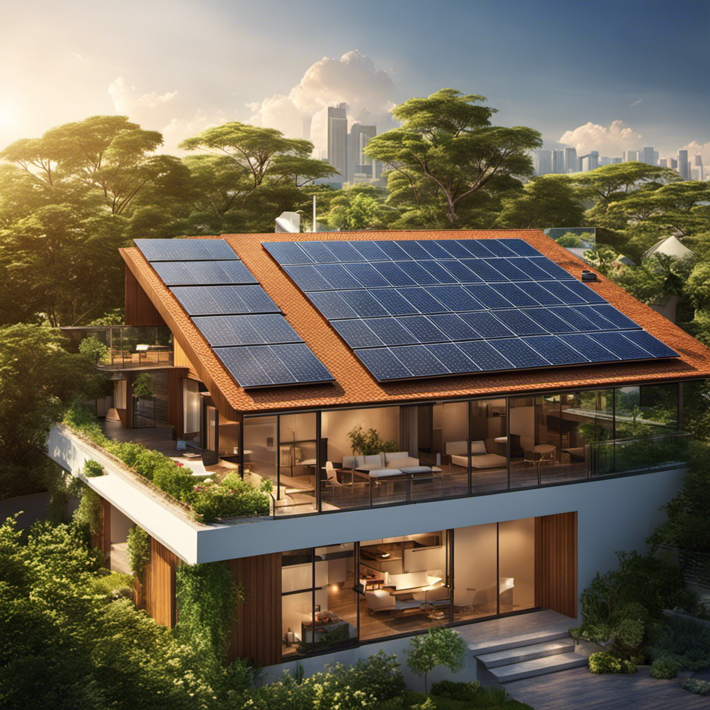 An image showcasing a sun-drenched rooftop with solar panels, surrounded by lush greenery