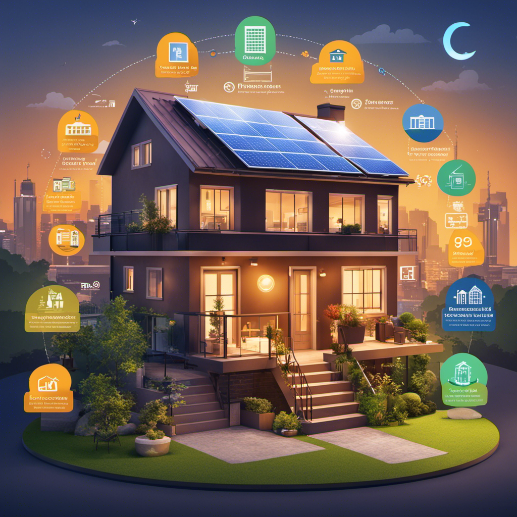 An image showcasing a residential rooftop with solar panels, surrounded by icons representing reduced electricity bills, government incentives, and environmental benefits, alongside icons illustrating upfront costs and maintenance expenses