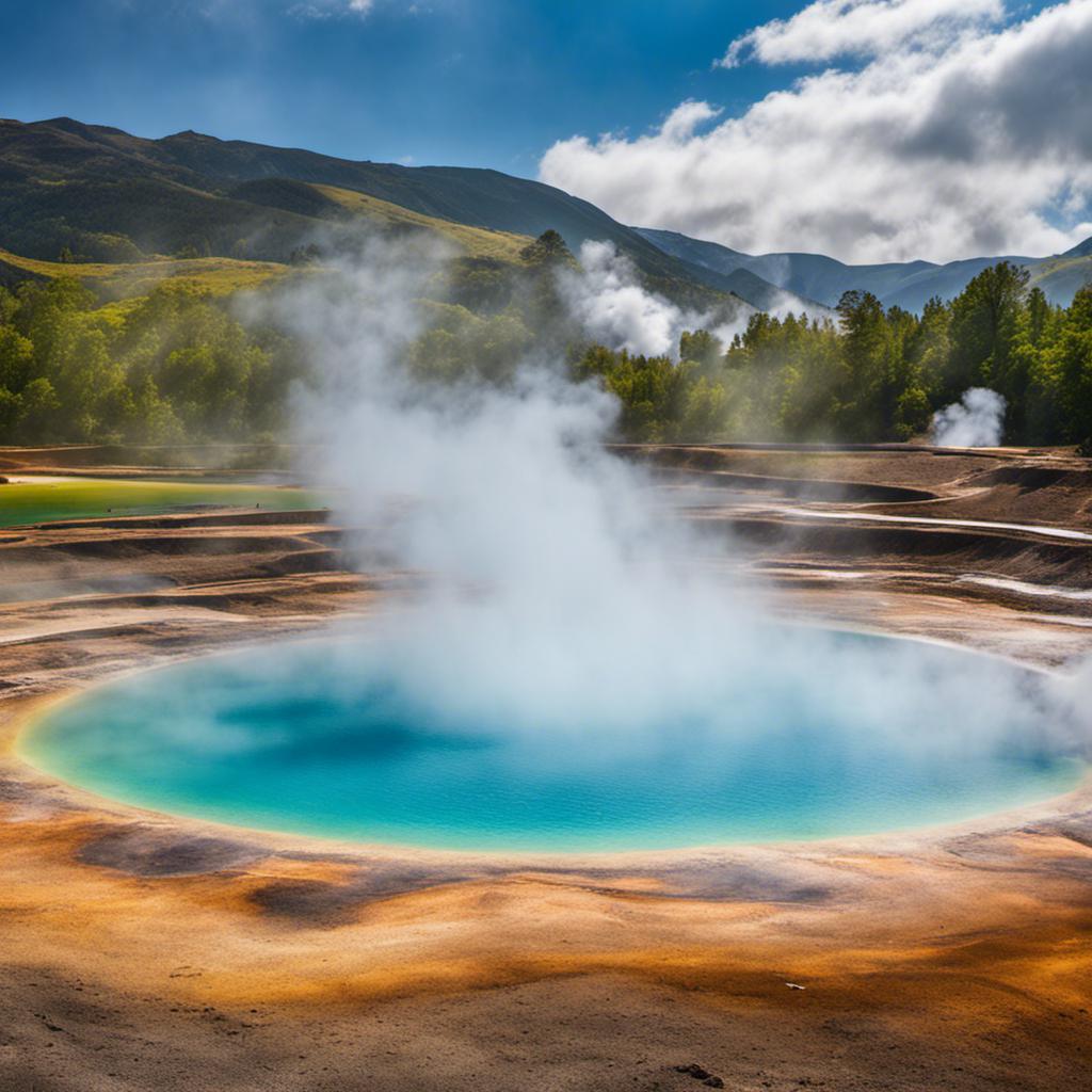An image showcasing a serene landscape with a steaming geothermal pool surrounded by picturesque mountains