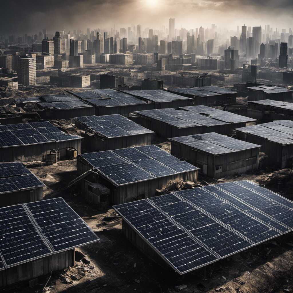 An image featuring a dark, gloomy cityscape with solar panels installed on buildings