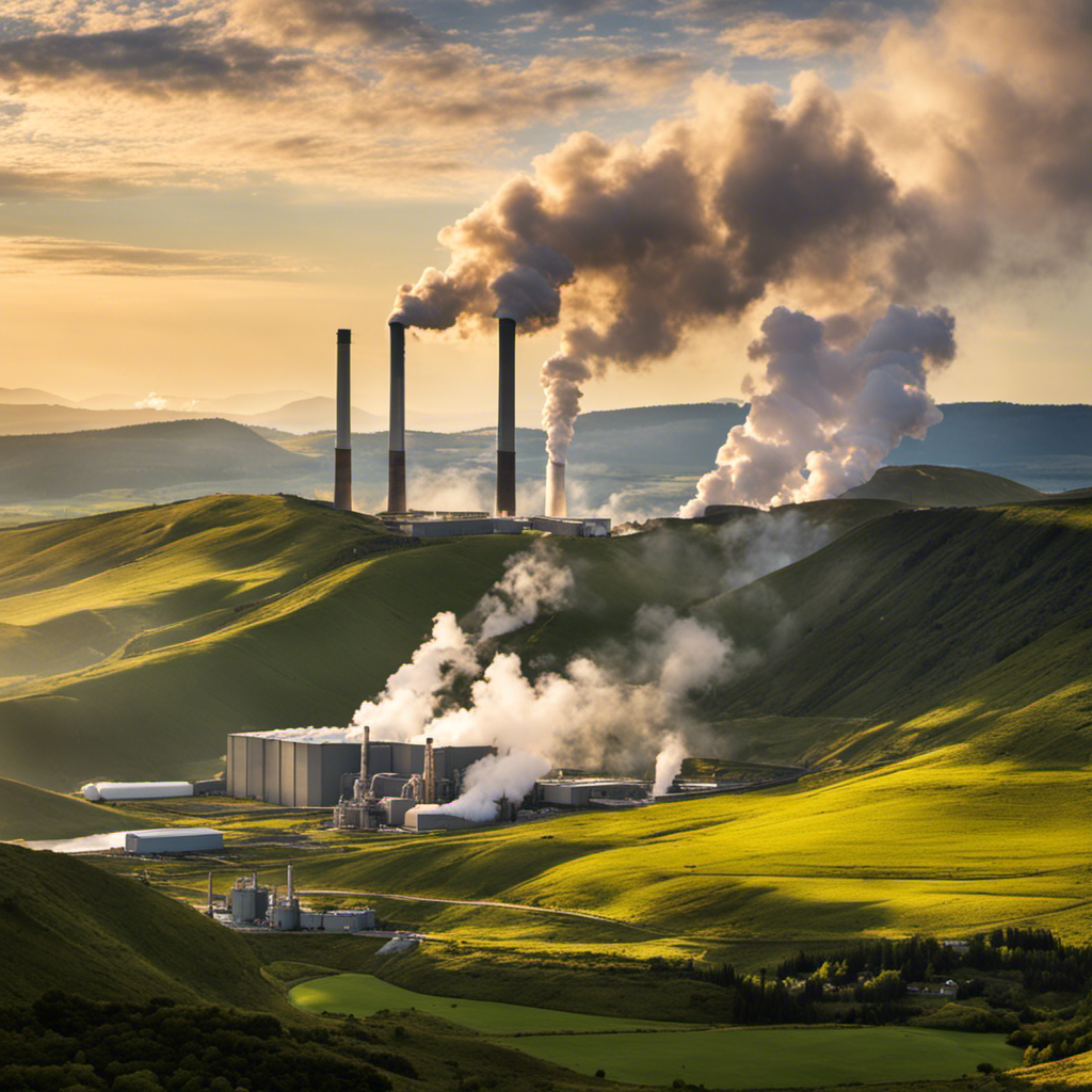 An image showcasing an idyllic landscape with a geothermal power plant emitting excessive steam, contrasting against the pristine surroundings