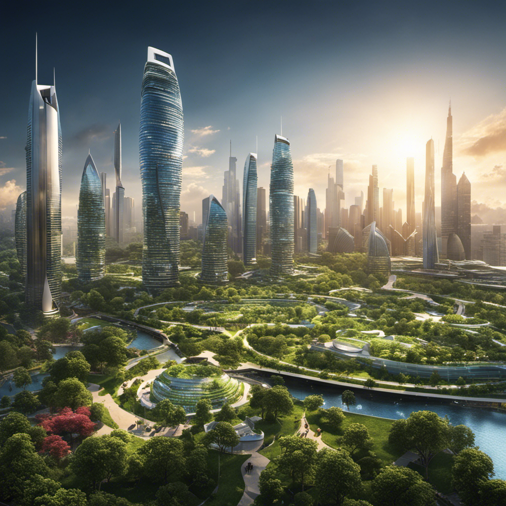 An image showcasing a bustling city skyline with futuristic skyscrapers adorned with vibrant, vertically-aligned gardens