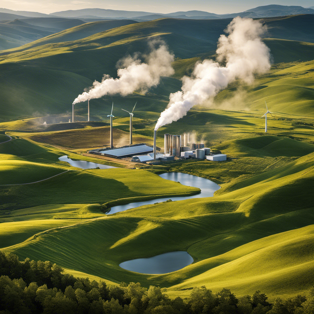 An image of a serene landscape featuring a vast geothermal power plant nestled within rolling hills