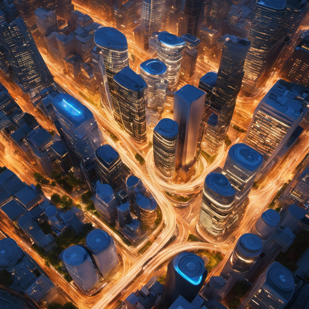 An image showcasing a bustling cityscape with skyscrapers powered by geothermal energy, featuring a network of underground pipes, emitting steam, and harnessing the Earth's heat to provide sustainable electricity and heating solutions