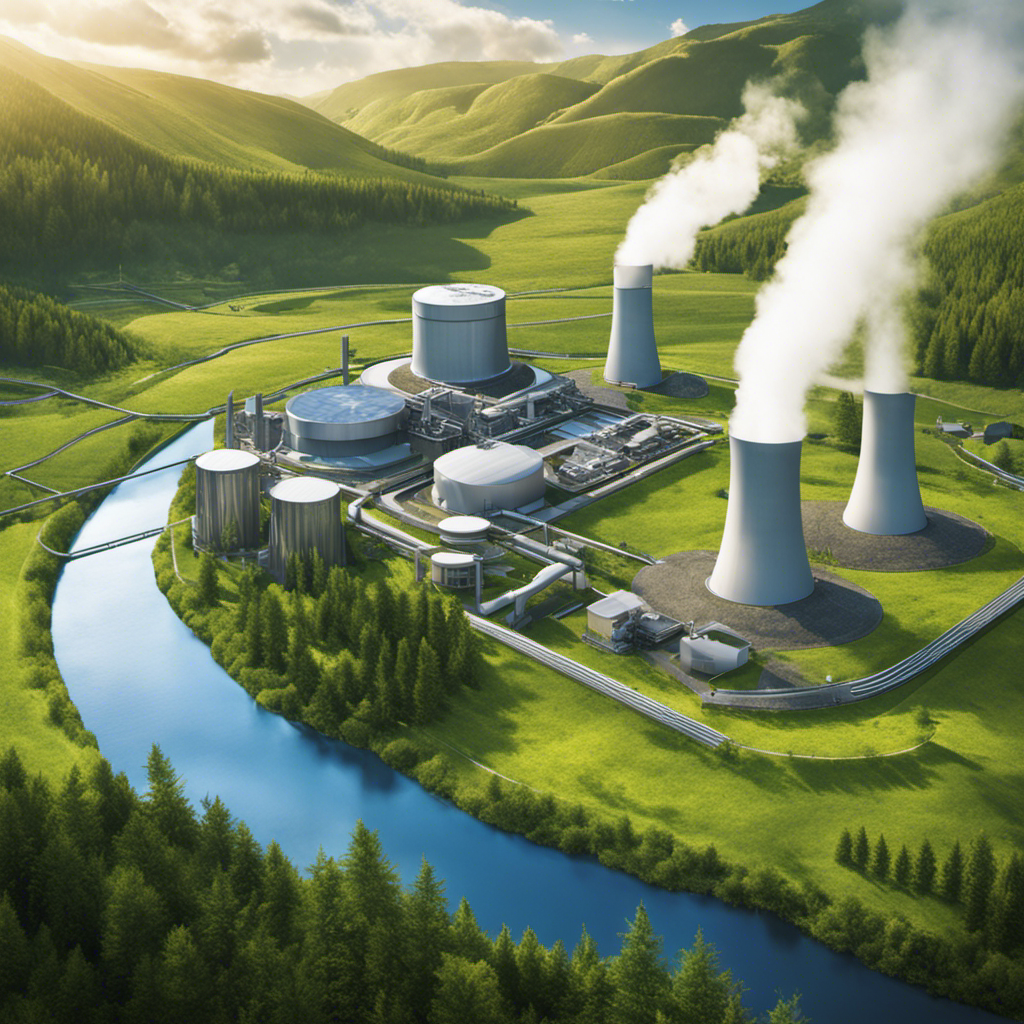 An image showcasing a serene landscape with a modern geothermal power plant nestled in the background