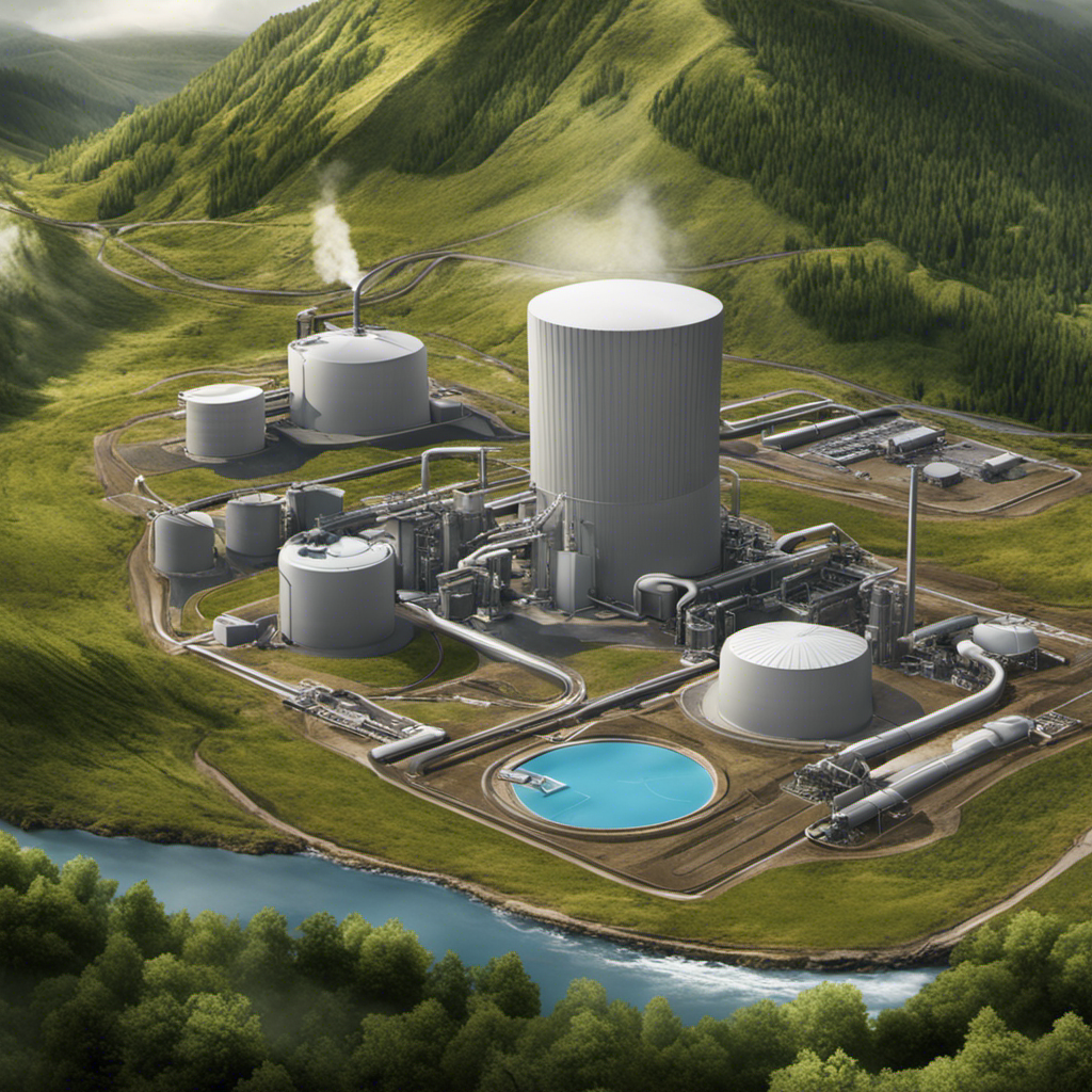 An image showcasing a geothermal power plant with a surrounding landscape, emphasizing the proximity of the plant to a water source, highlighting the challenges of limited access to suitable geothermal reservoirs