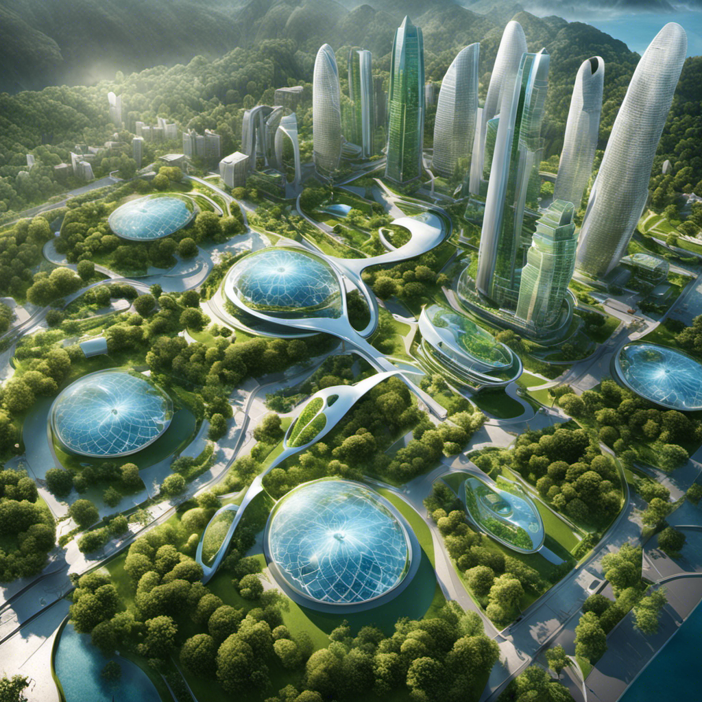 An image showcasing a futuristic cityscape with towering buildings powered by geothermal energy