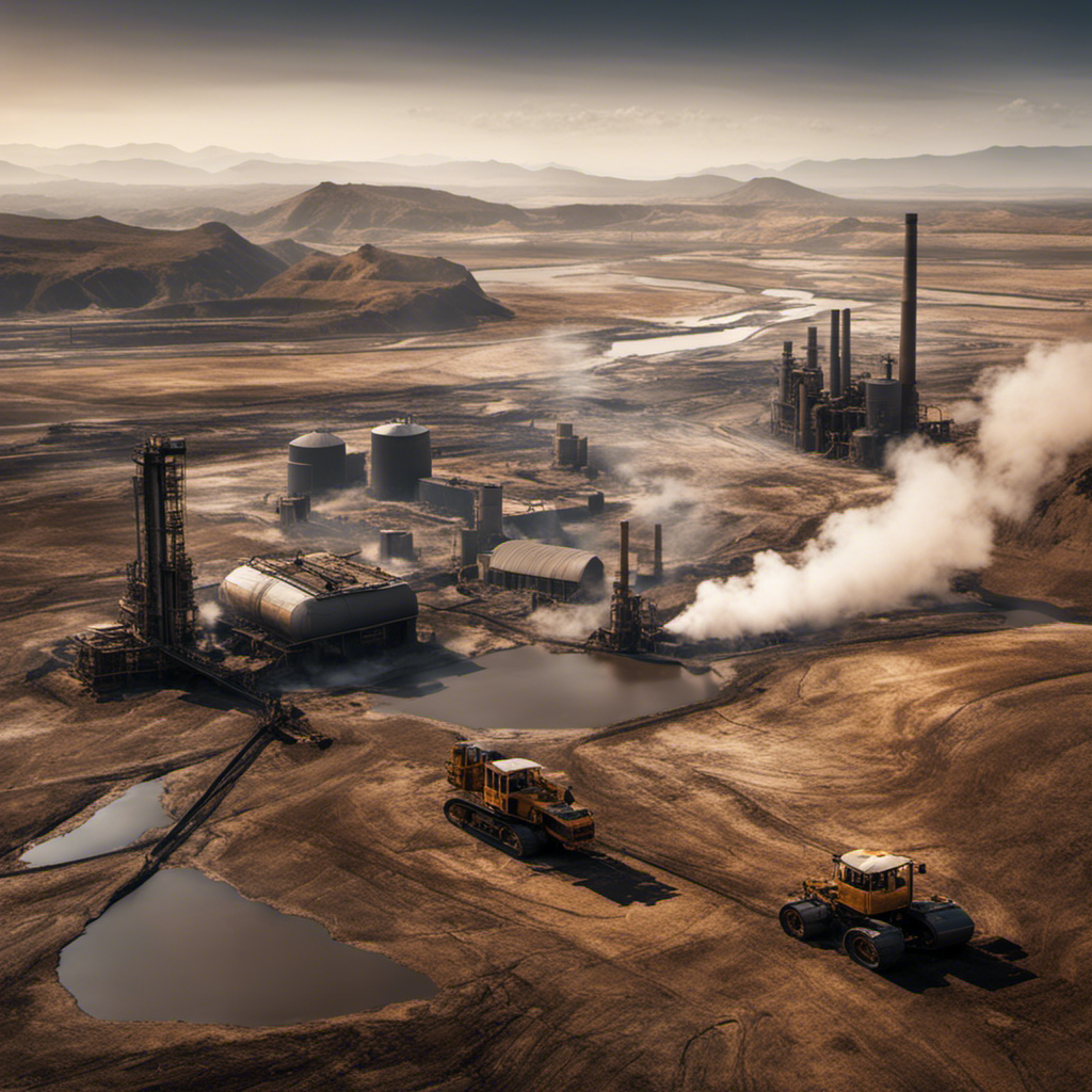 An image showcasing a barren landscape with cracked earth, surrounded by industrial machinery emitting smoke and steam