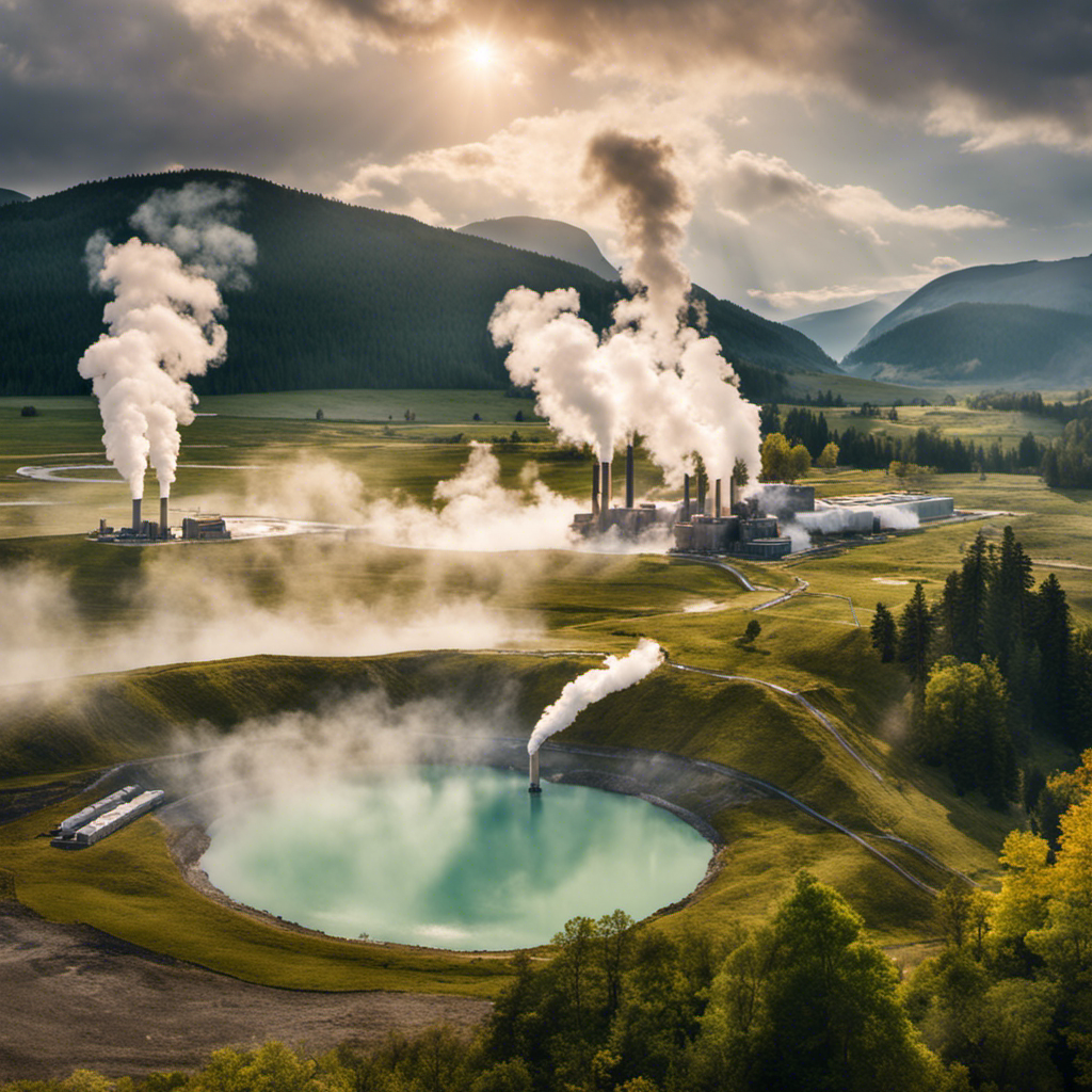 An image showcasing a serene landscape with an idyllic geothermal power plant in the background