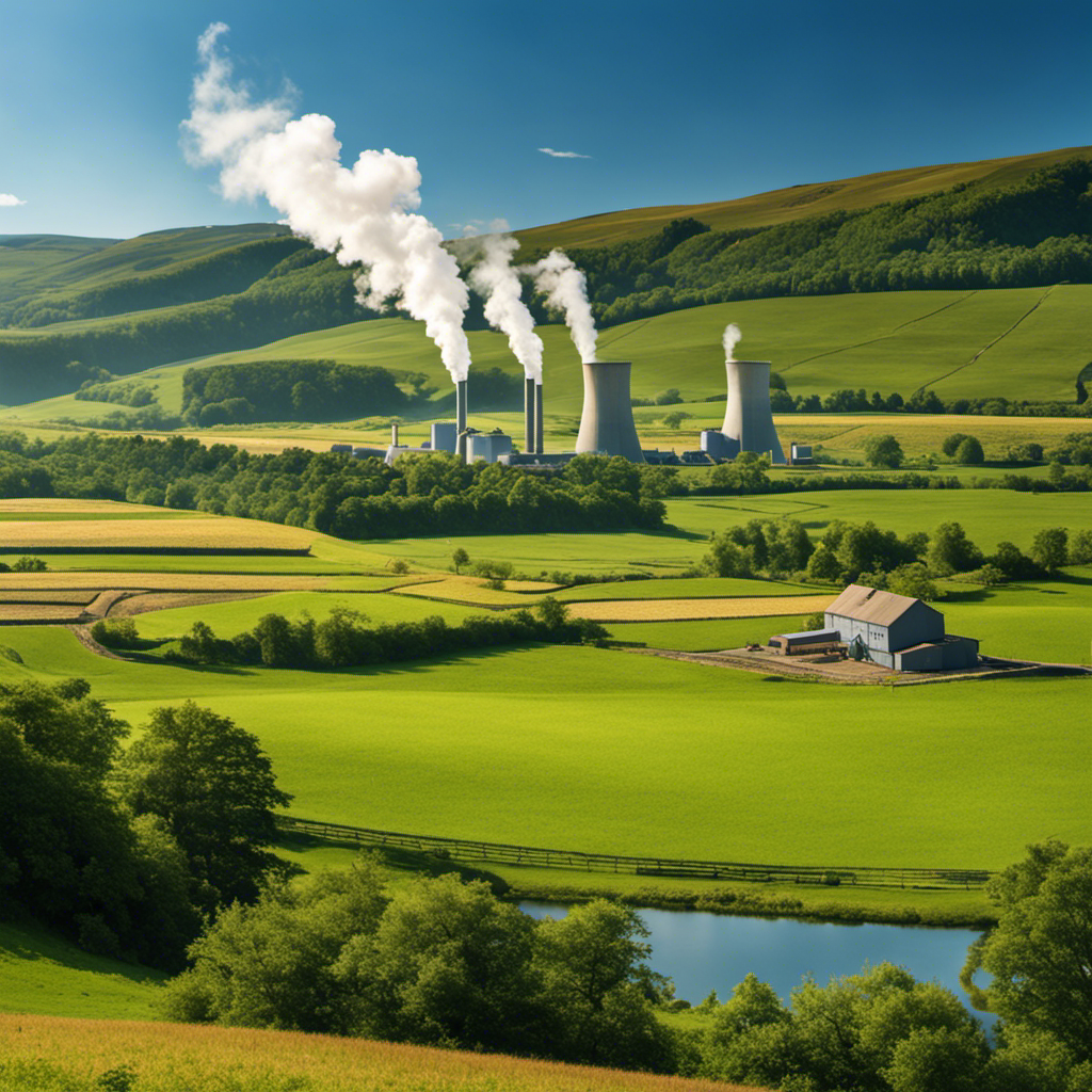 An image depicting a serene countryside with a geothermal power plant nestled in the distance, emitting steam into the clear blue sky