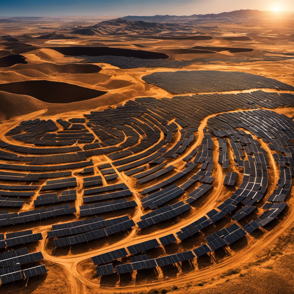 An image showcasing a barren landscape with sun-shaped solar panels scattered amidst piles of rare earth minerals, emphasizing the environmental impact and reliance on these finite resources in solar energy production