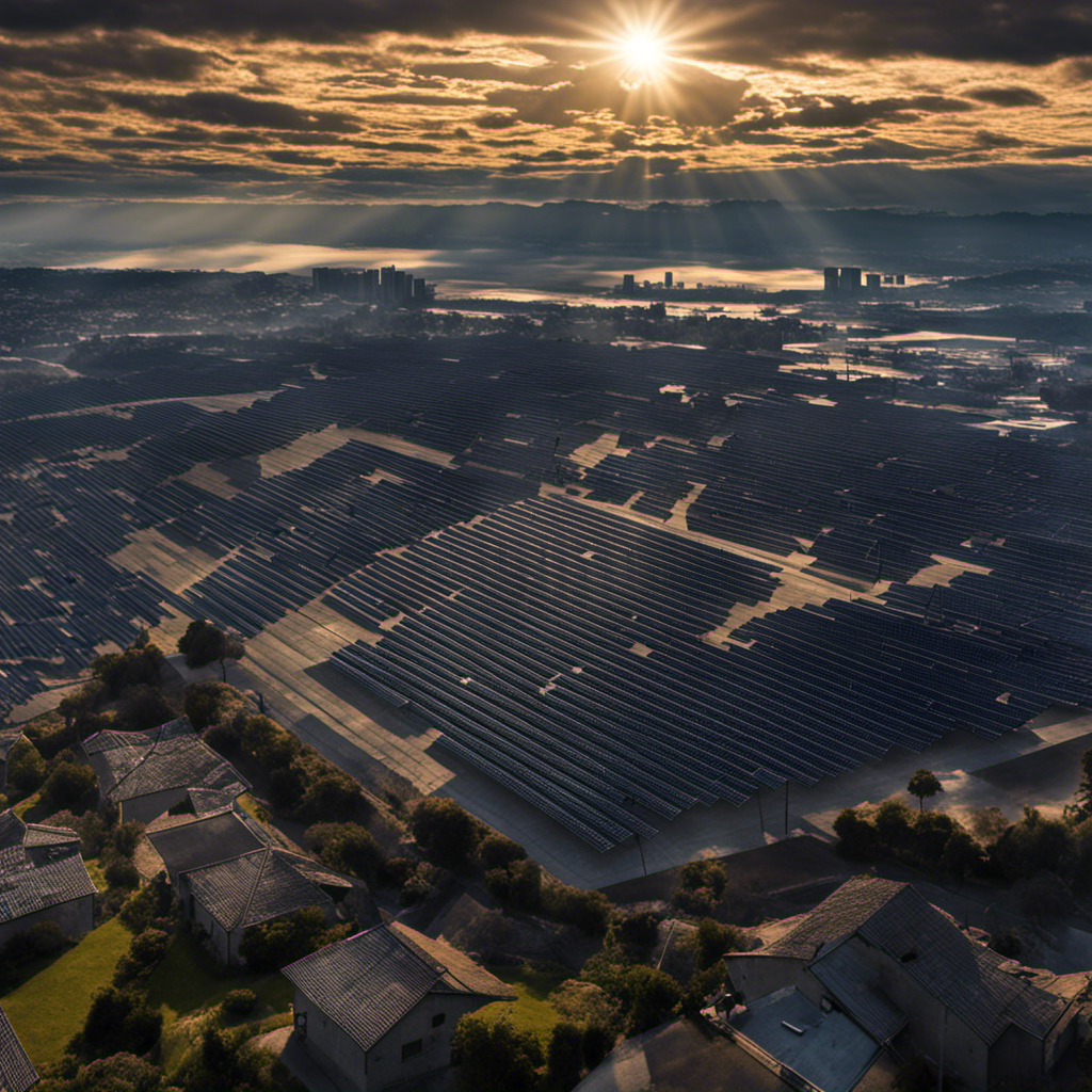 An image showcasing solar panels covered in thick clouds, casting shadows on a darkened cityscape below