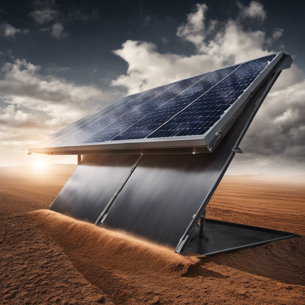 An image showcasing a solar panel covered in thick layers of dust and dirt, emphasizing its reduced efficiency