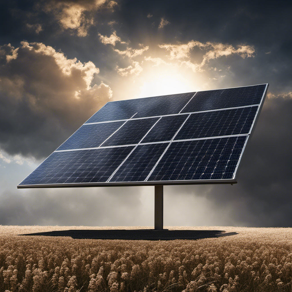 An image depicting a cloudy sky casting shadows on a solar panel, symbolizing the limitation of solar energy during periods of low sunlight, emphasizing the intermittent nature of power generation