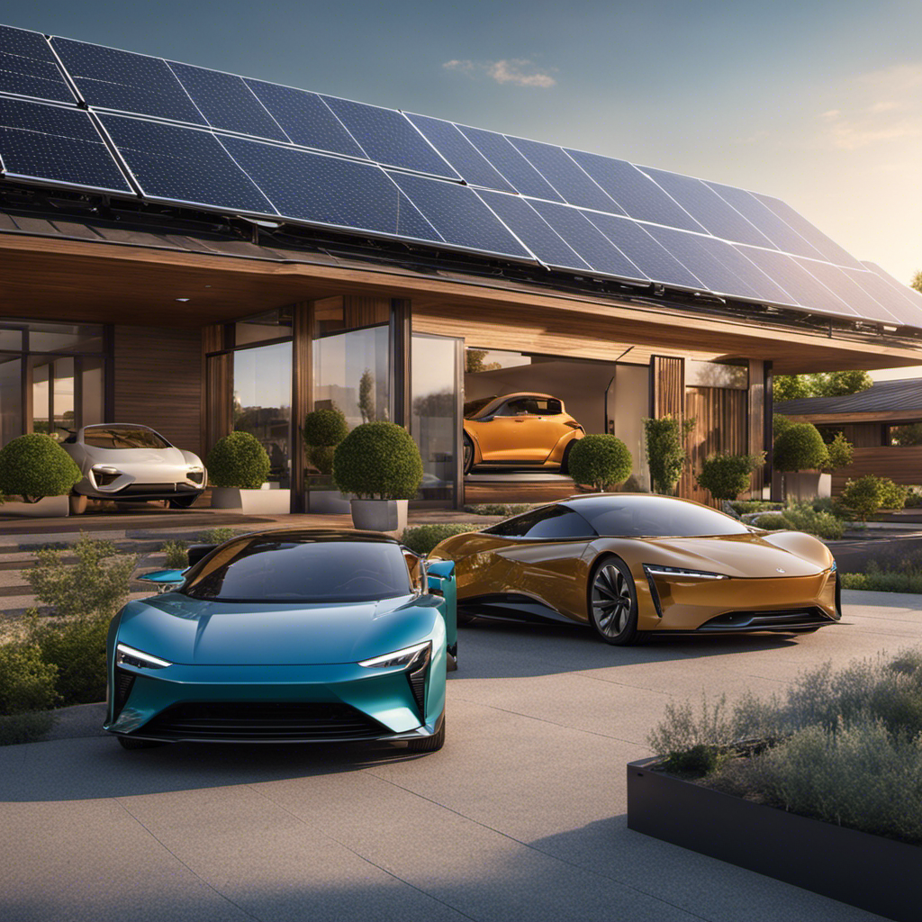 An image showcasing three distinct scenarios: a solar panel array atop a residential rooftop, a vast solar farm with neatly arranged panels, and a solar-powered car charging station surrounded by electric vehicles