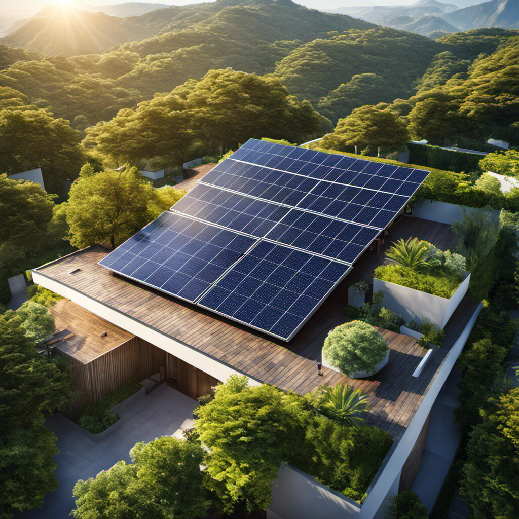 An image showcasing a sunny rooftop with solar panels, surrounded by lush greenery