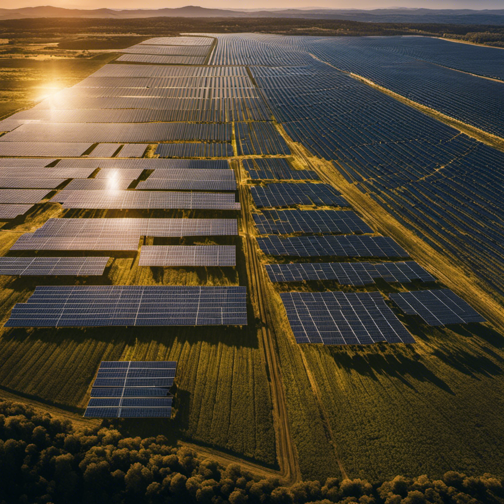 An image that depicts a vast solar farm with rows of glistening solar panels stretching towards the horizon, showcasing the advantages of abundant renewable energy while also capturing the limitations of limited land availability