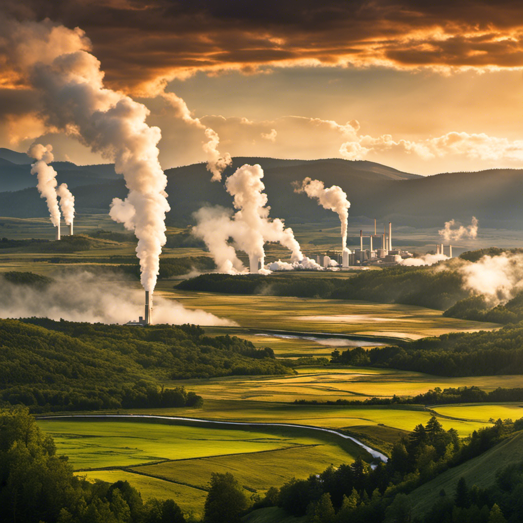 An image showcasing a vast landscape filled with geothermal power plants, with towering steam rising from the ground